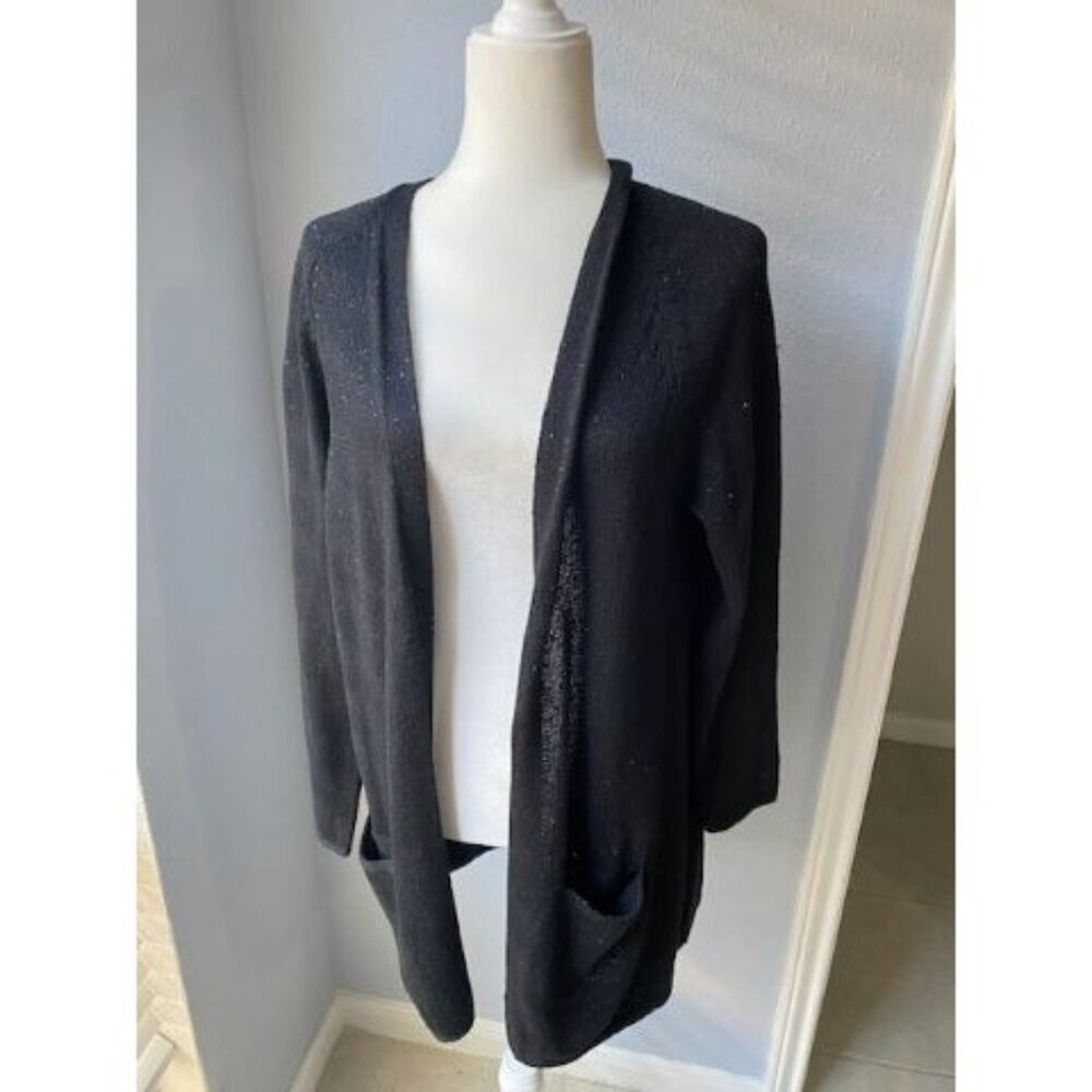 J. Jill Cardigan Size M Black Mid Length Pockets Sequins Sparkly Casual Career
